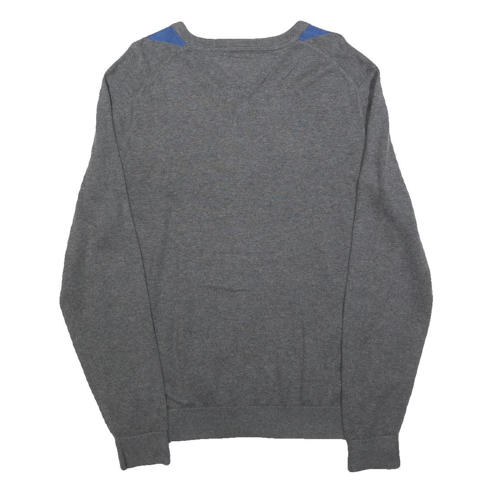 TOMMY HILFIGER Mens Grey & Blue Patterned V Neck Jumper Cable Knit M Cotton