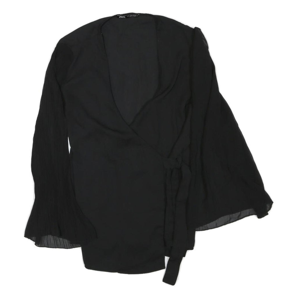 ZARA Womens Black Wrap Top Long Sleeve V-Neck Pleated Cuffs L