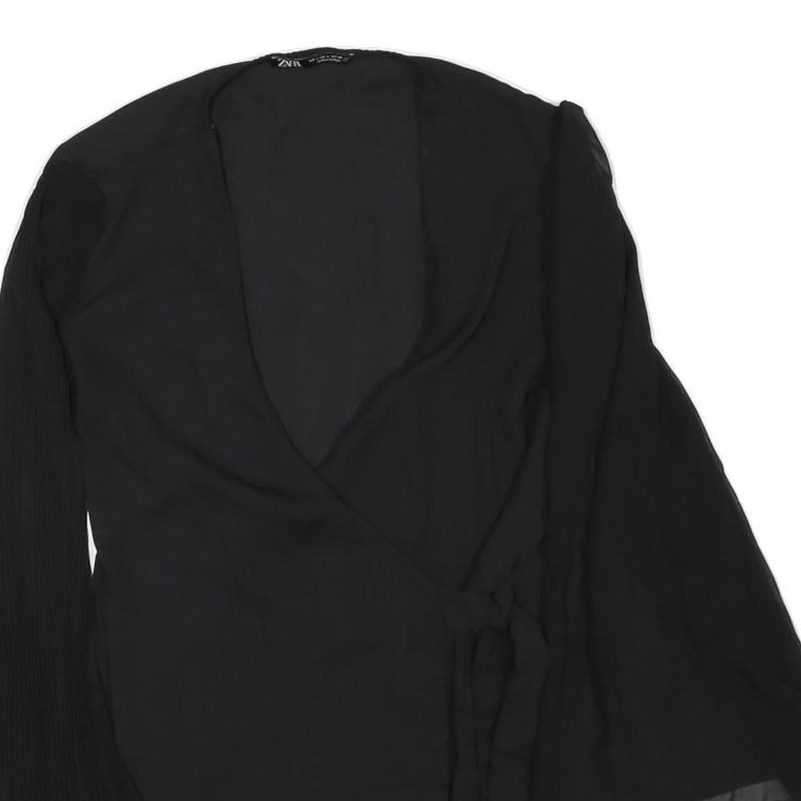ZARA Womens Black Wrap Top Long Sleeve V-Neck Pleated Cuffs L