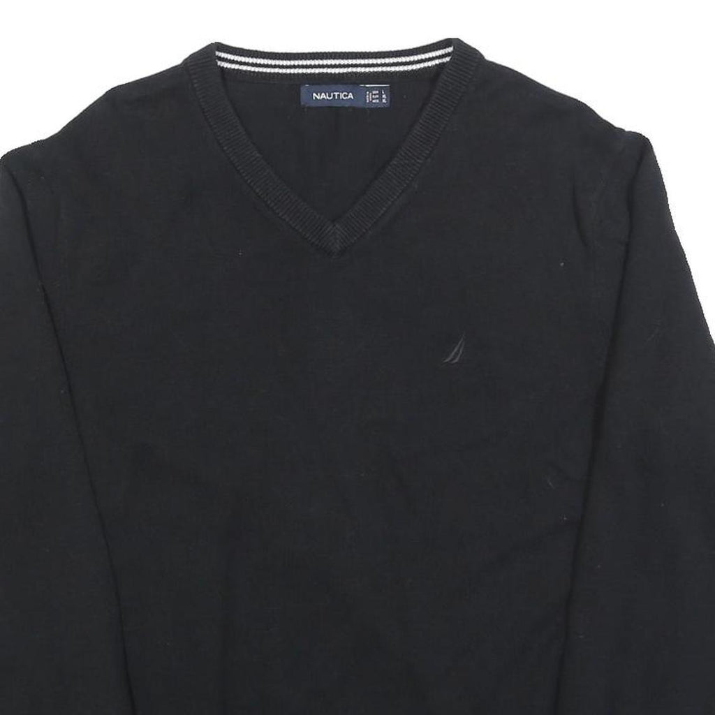NAUTICA Mens Black Plain Jumper V-Neck Basic Knit L Cotton Blend Casual Knitwear