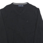 NAUTICA Mens Black Plain Jumper V-Neck Basic Knit L Cotton Blend Casual Knitwear