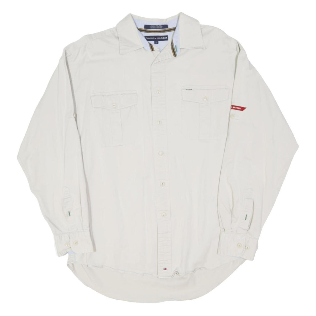 TOMMY HILFIGER Mens White Cotton Blend Shirt L Classic Button Pocket Long Sleeve
