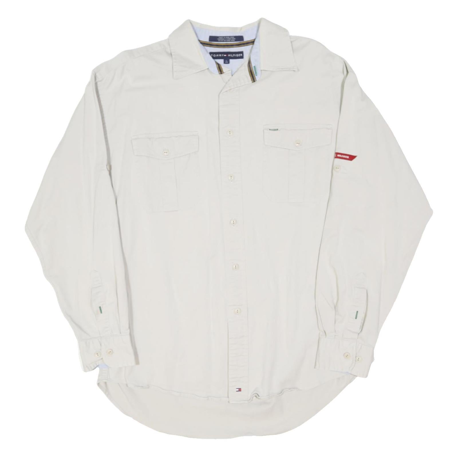 TOMMY HILFIGER Mens White Cotton Blend Shirt L Classic Button Pocket Long Sleeve
