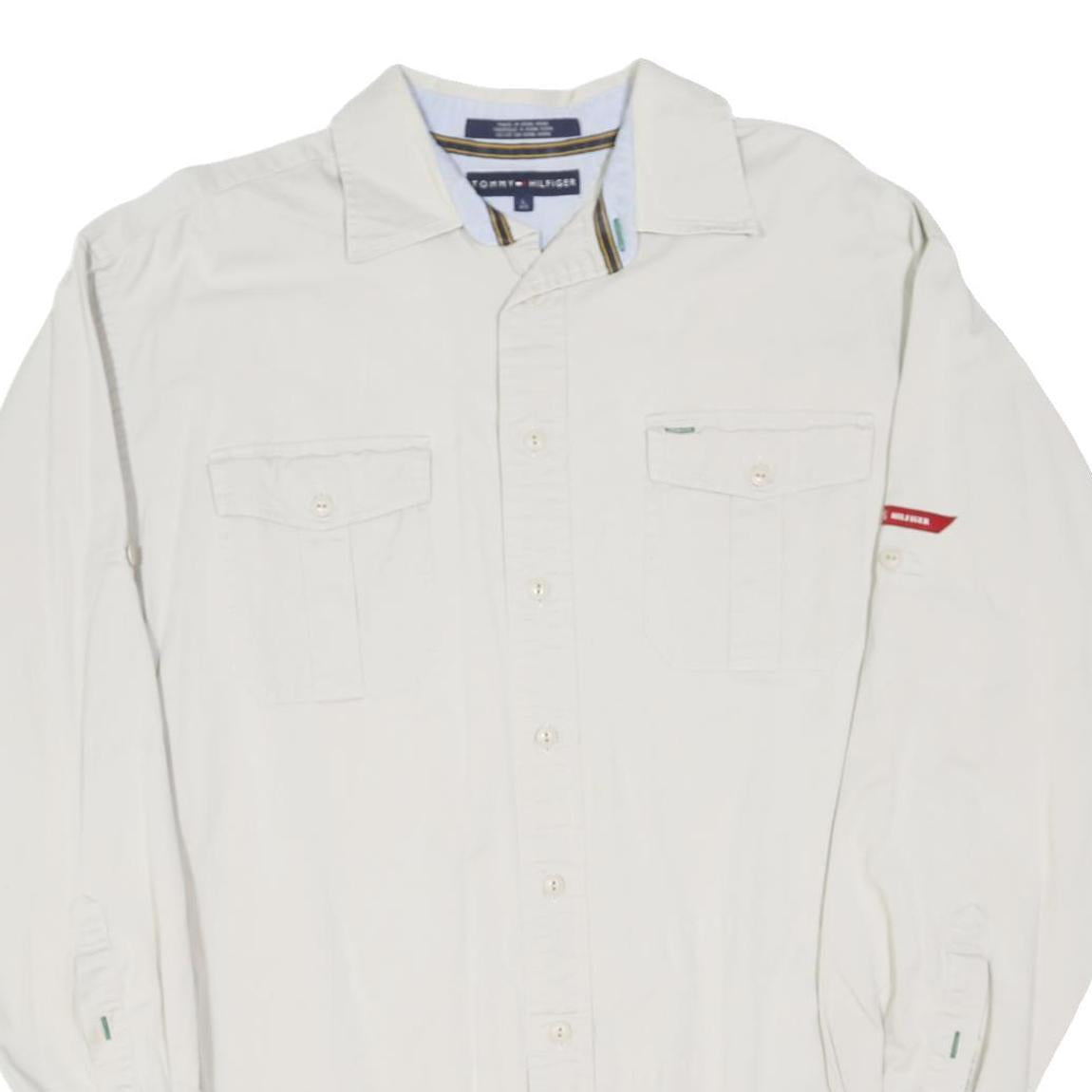 TOMMY HILFIGER Mens White Cotton Blend Shirt L Classic Button Pocket Long Sleeve