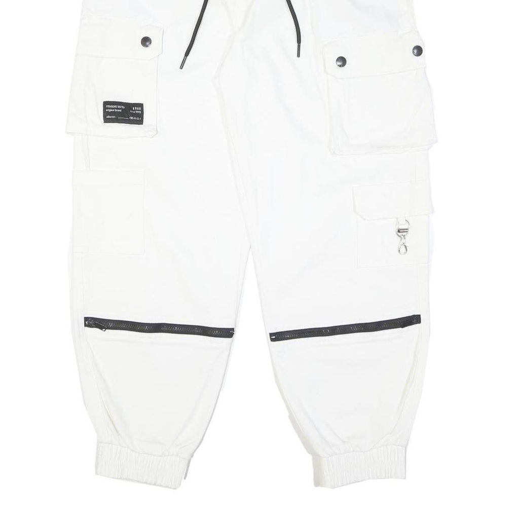 Mens Cotton Blend White Relaxed Cargo Trousers W30 L28 Drawstring Casual Pants