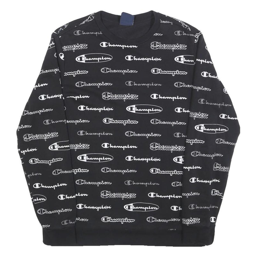 CHAMPION Boys Black Sweatshirt Crew Neck 13-14Y All-over Logo Print Casual