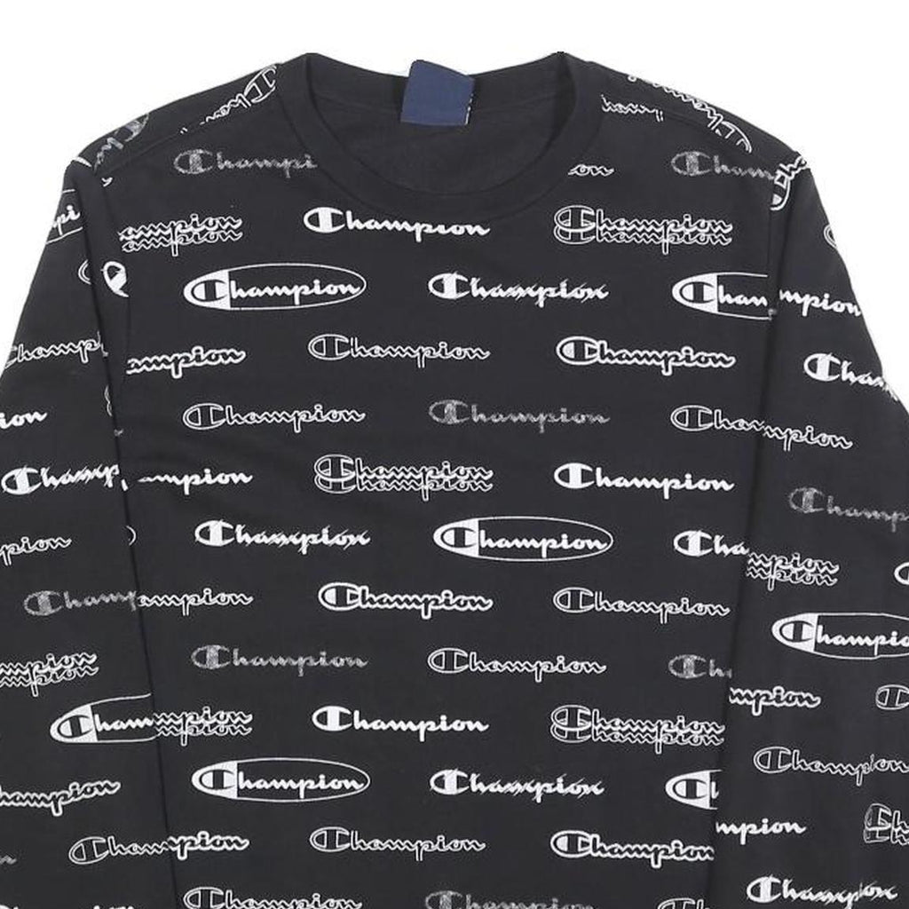 CHAMPION Boys Black Sweatshirt Crew Neck 13-14Y All-over Logo Print Casual