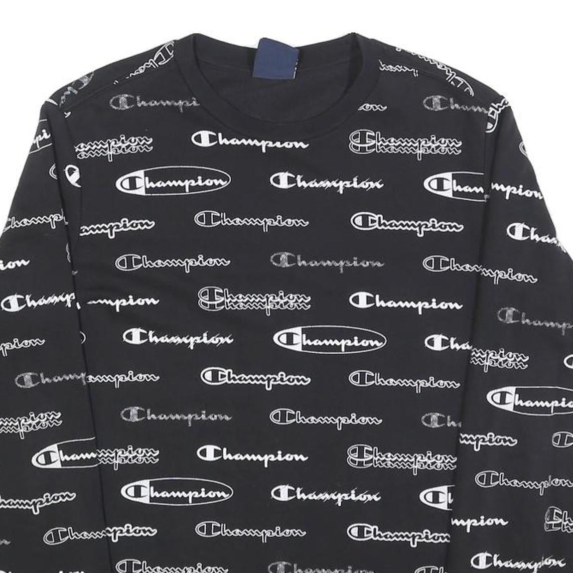 CHAMPION Boys Black Sweatshirt Crew Neck 13-14Y All-over Logo Print Casual