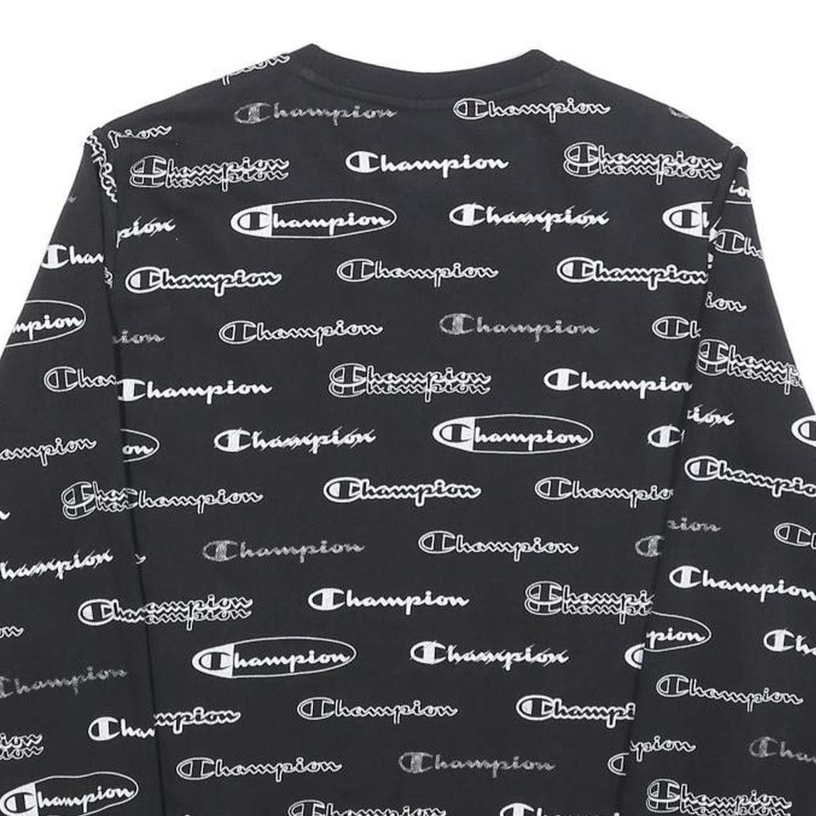 CHAMPION Boys Black Sweatshirt Crew Neck 13-14Y All-over Logo Print Casual