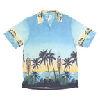 RJC Mens Blue Hawaiian Cotton Shirt L Tropical Palm Tree Print Casual