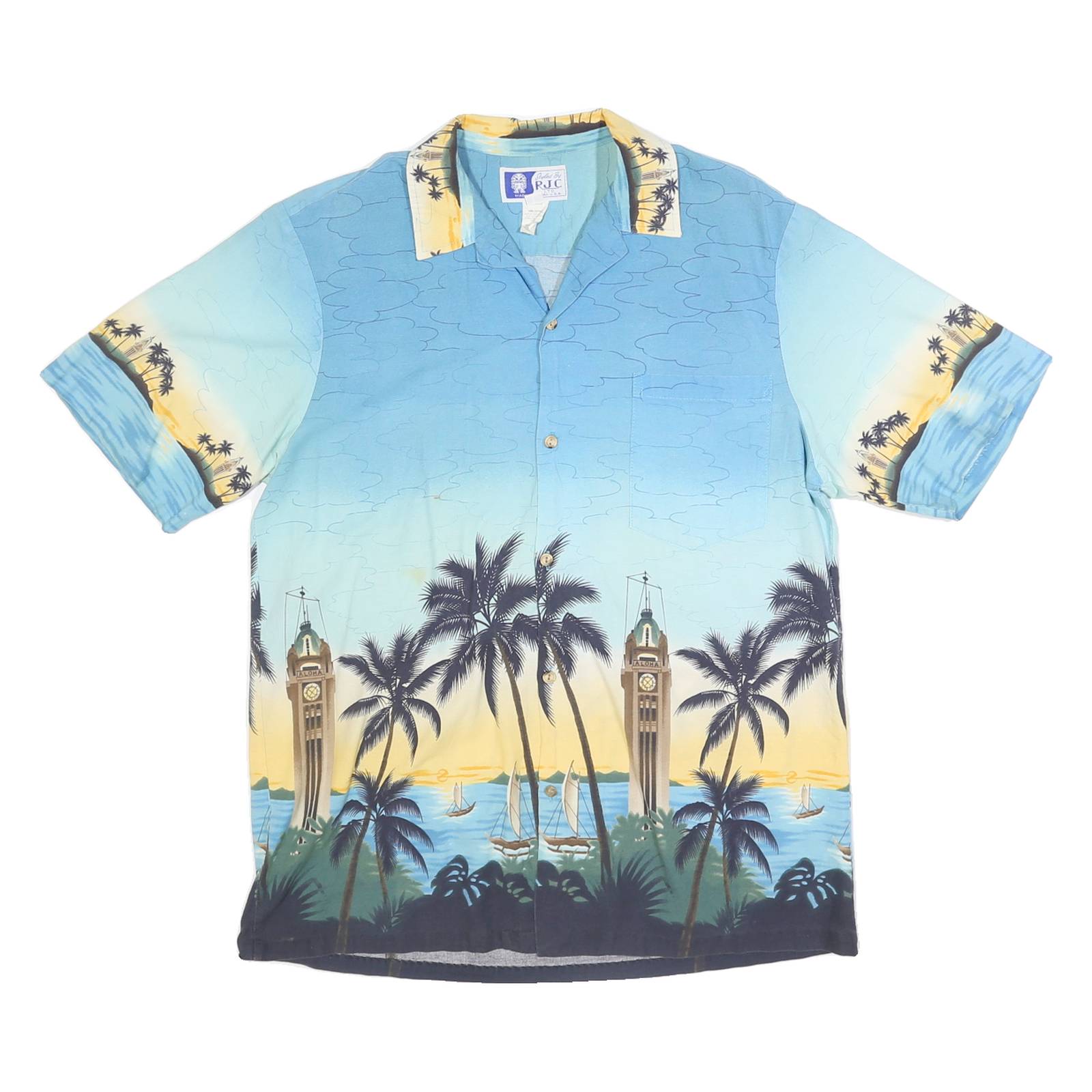 RJC Mens Blue Hawaiian Cotton Shirt L Tropical Palm Tree Print Casual