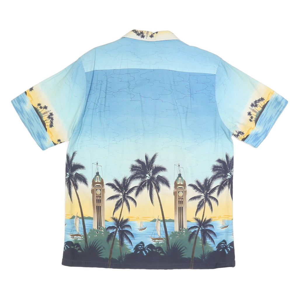 RJC Mens Blue Hawaiian Cotton Shirt L Tropical Palm Tree Print Casual