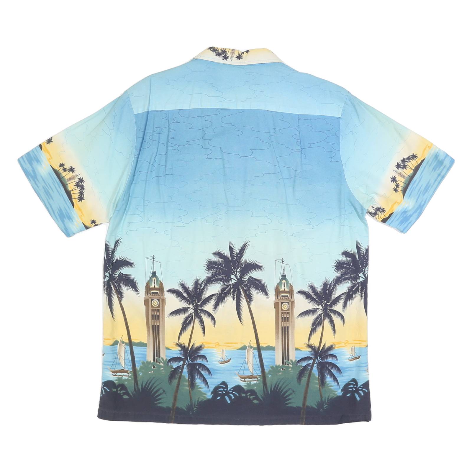 RJC Mens Blue Hawaiian Cotton Shirt L Tropical Palm Tree Print Casual