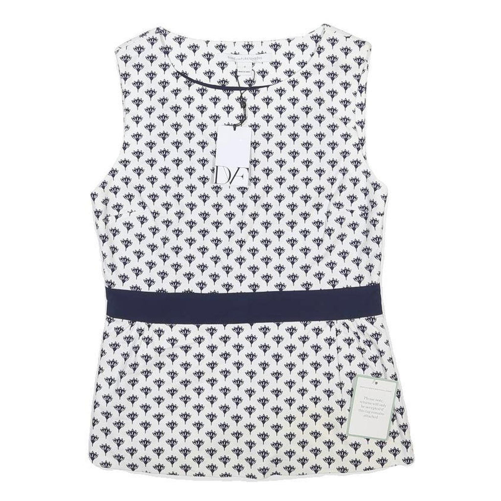 DIANE VON FUSTENBERG Womens White & Navy Printed Sleeveless Round Neck Top M