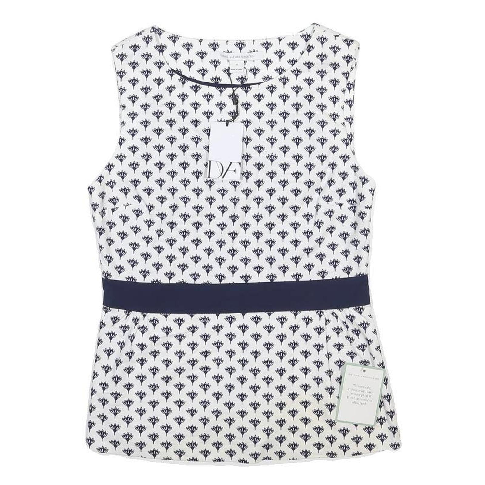 DIANE VON FUSTENBERG Womens White & Navy Printed Sleeveless Round Neck Top M