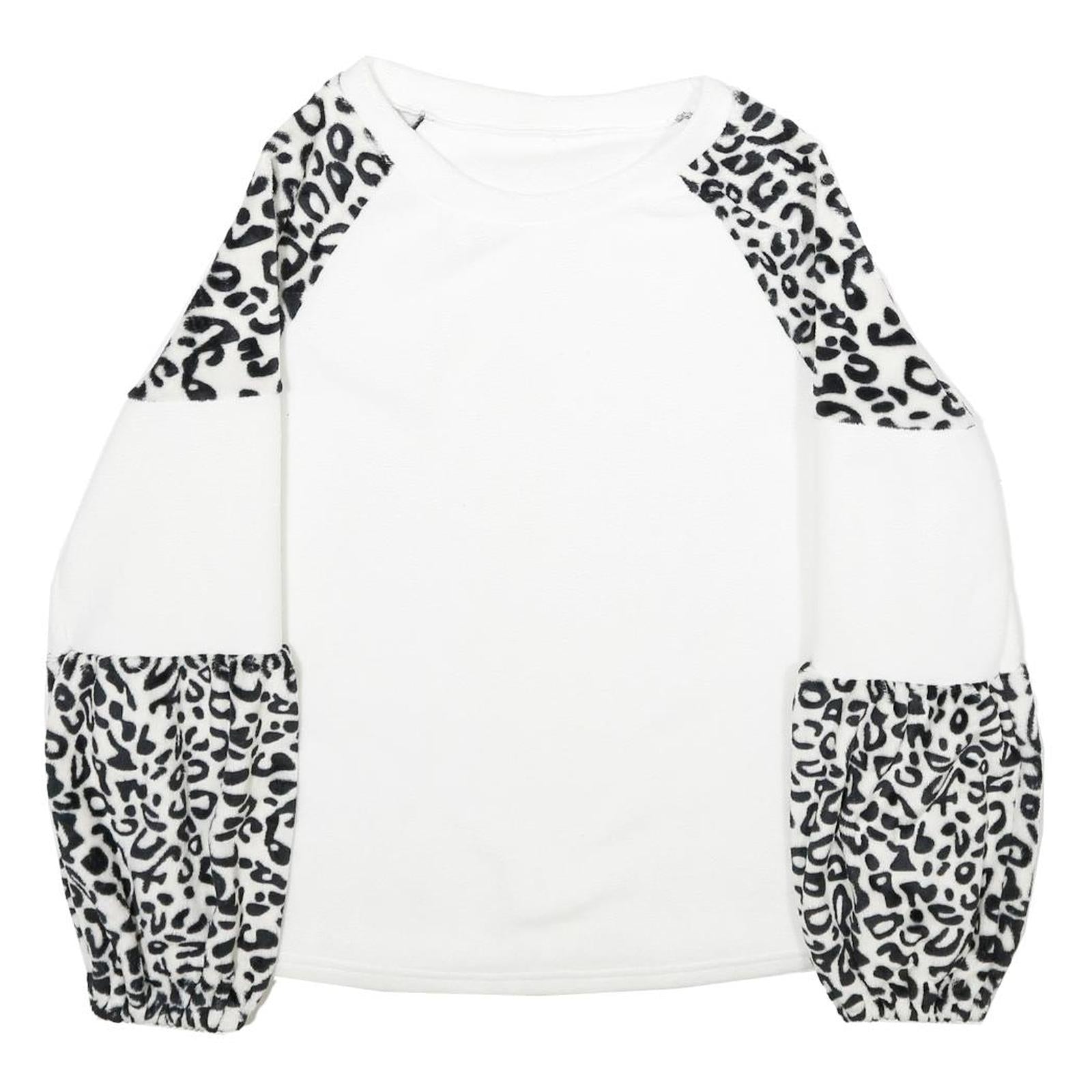 Womens White & Black Animal Print Pattern Fleece Pullover Crew Neck Jumper L