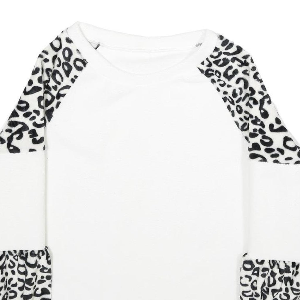 Womens White & Black Animal Print Pattern Fleece Pullover Crew Neck Jumper L