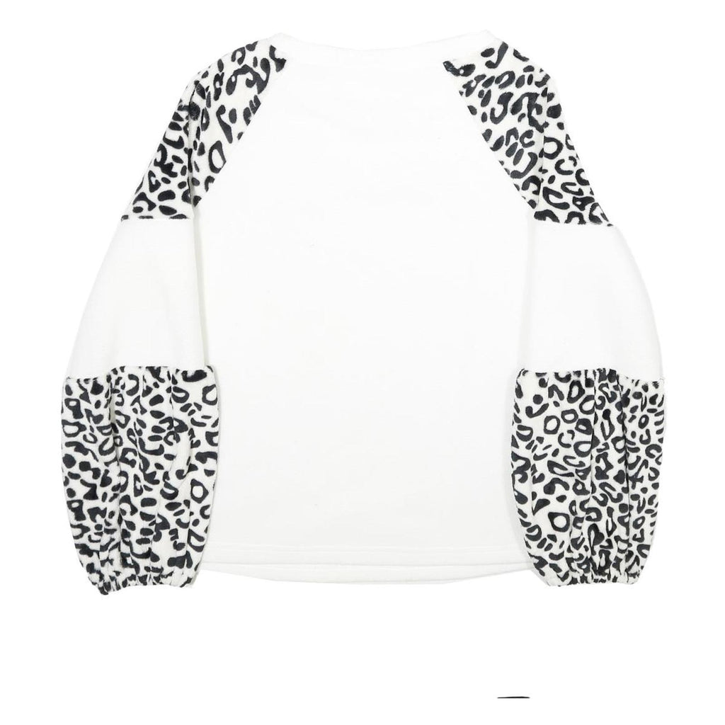 Womens White & Black Animal Print Pattern Fleece Pullover Crew Neck Jumper L