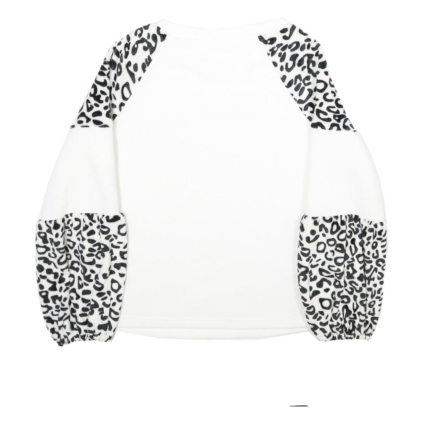 Womens White & Black Animal Print Pattern Fleece Pullover Crew Neck Jumper L