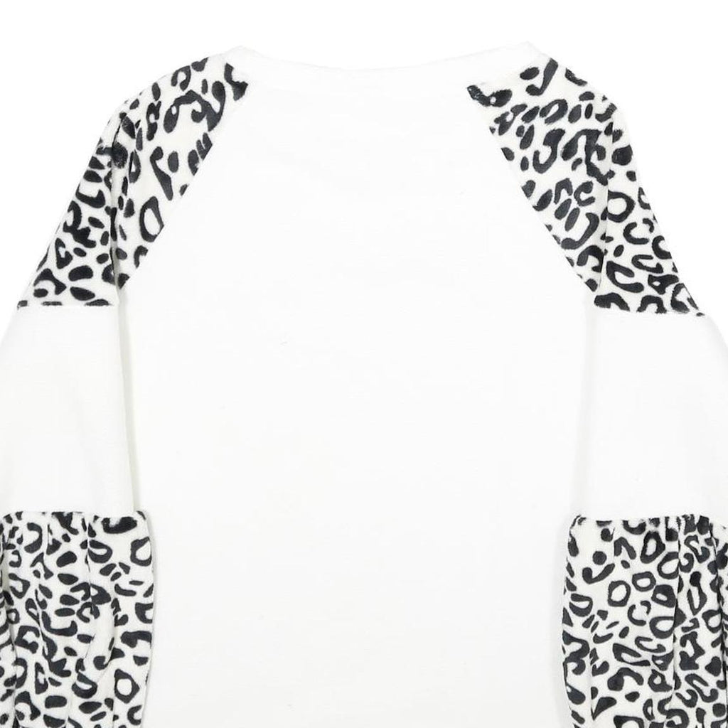 Womens White & Black Animal Print Pattern Fleece Pullover Crew Neck Jumper L