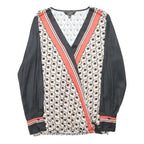 LIPSY Womens Black Cream Geometric Print Long Sleeve V-Neck Blouse UK 12