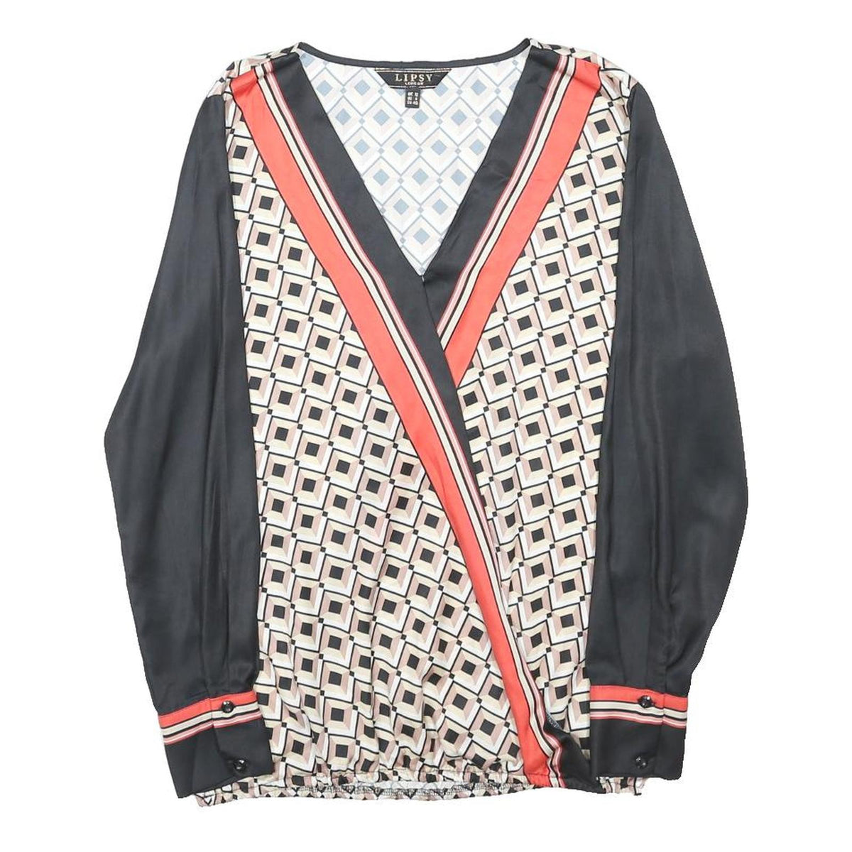 LIPSY Womens Black Cream Geometric Print Long Sleeve V-Neck Blouse UK 12