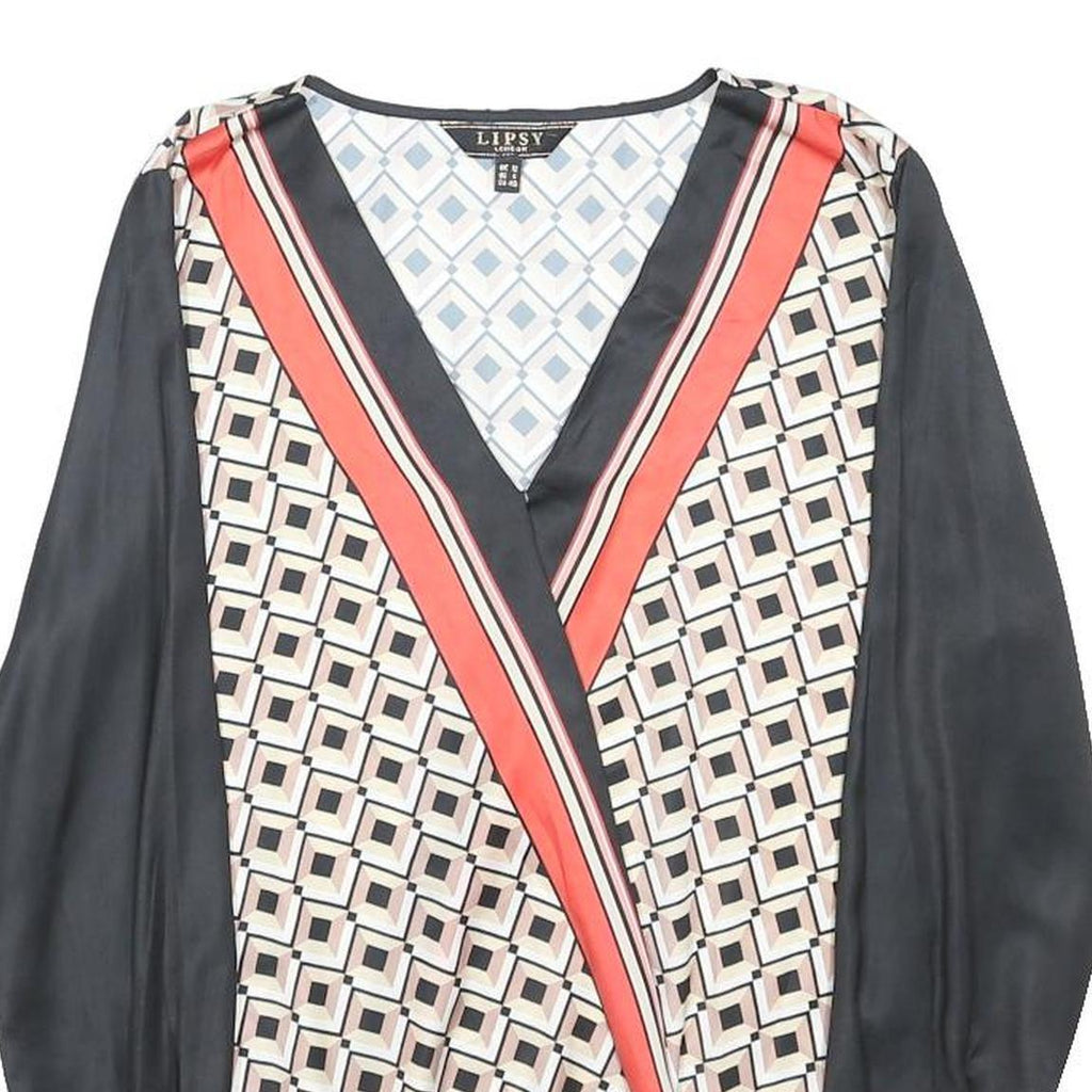 LIPSY Womens Black Cream Geometric Print Long Sleeve V-Neck Blouse UK 12
