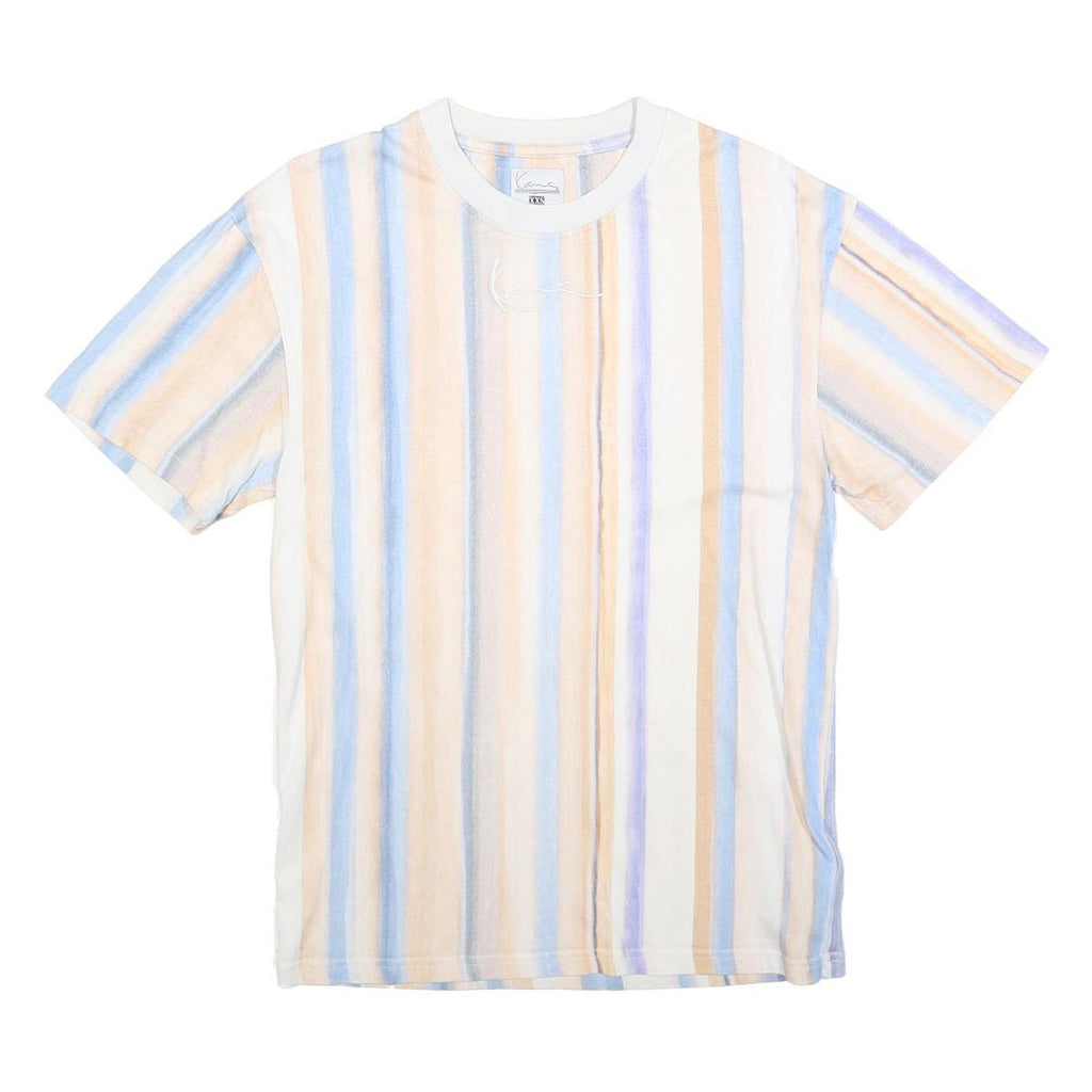 KARL KANI Mens Blue & Beige Striped T-Shirt XXS Short Sleeve Crew Neck Casual