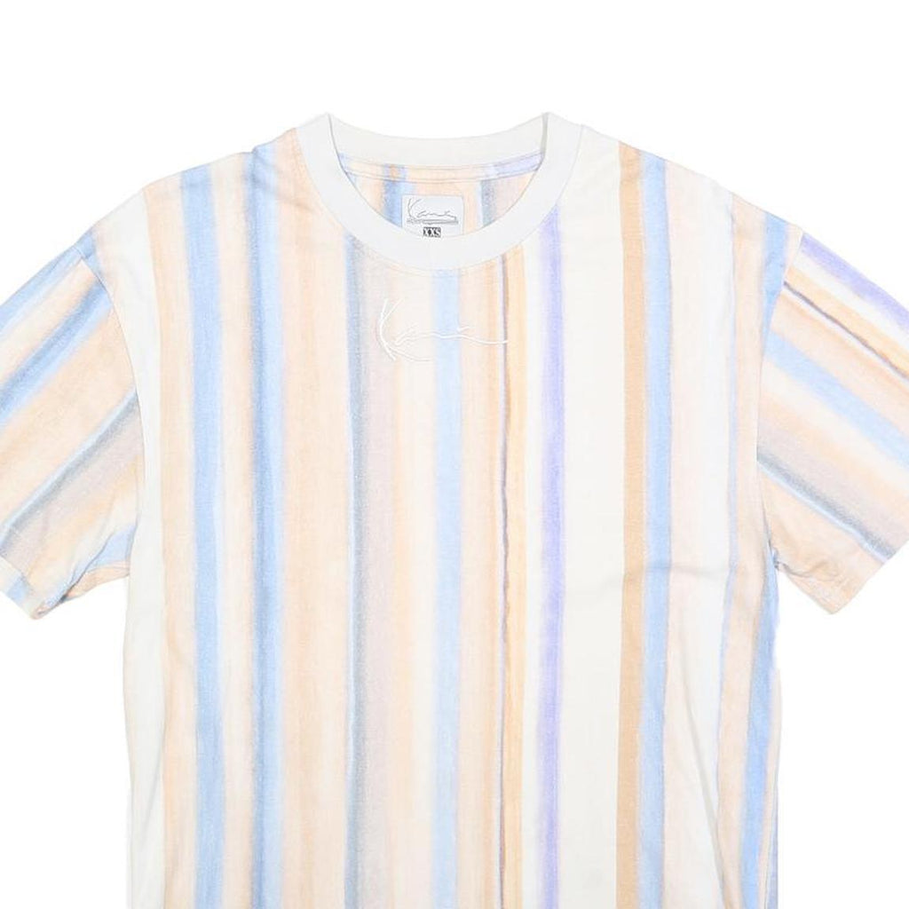 KARL KANI Mens Blue & Beige Striped T-Shirt XXS Short Sleeve Crew Neck Casual
