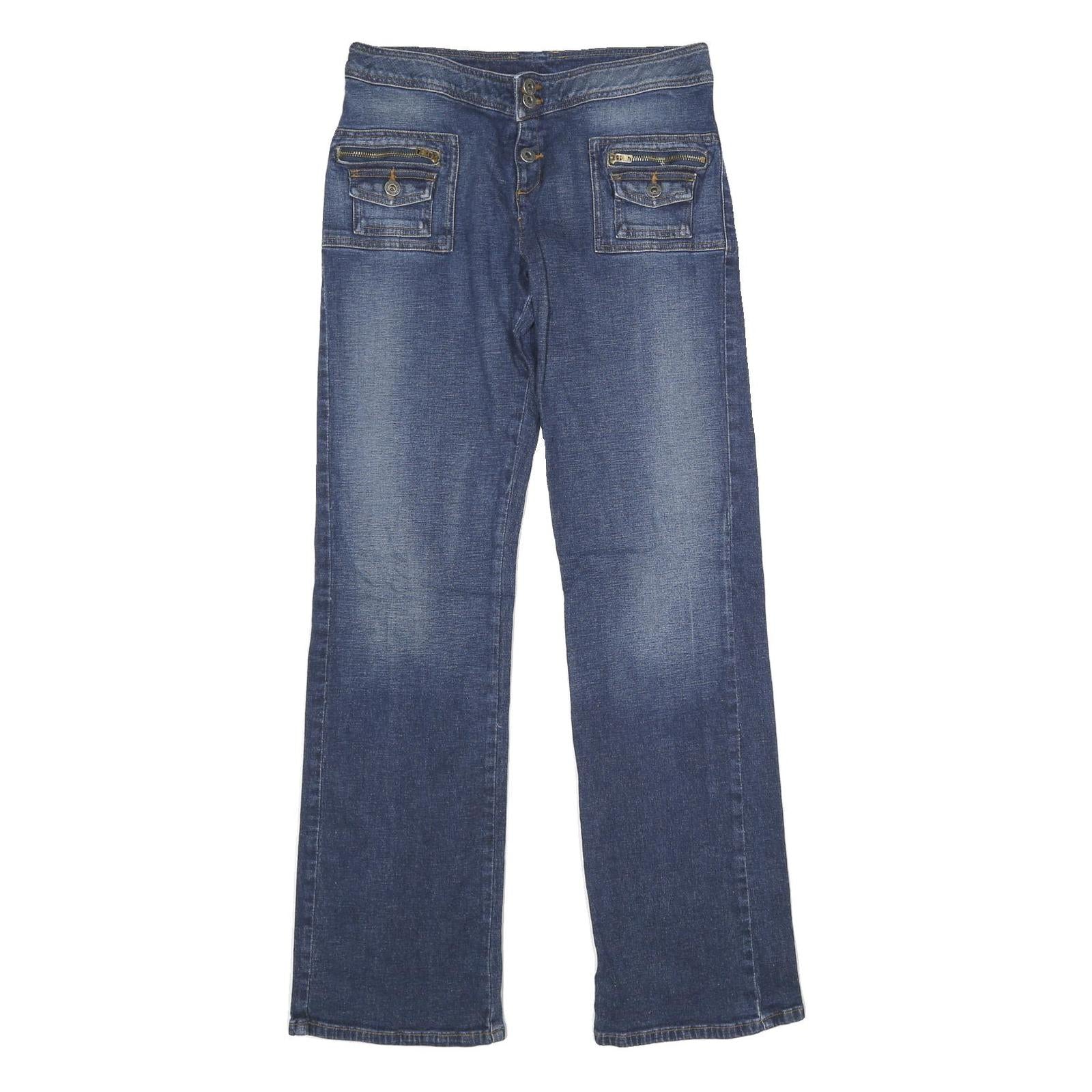 GUESS Womens Blue Regular Fit Straight Denim Medium Wash Jeans W32 L34 Button