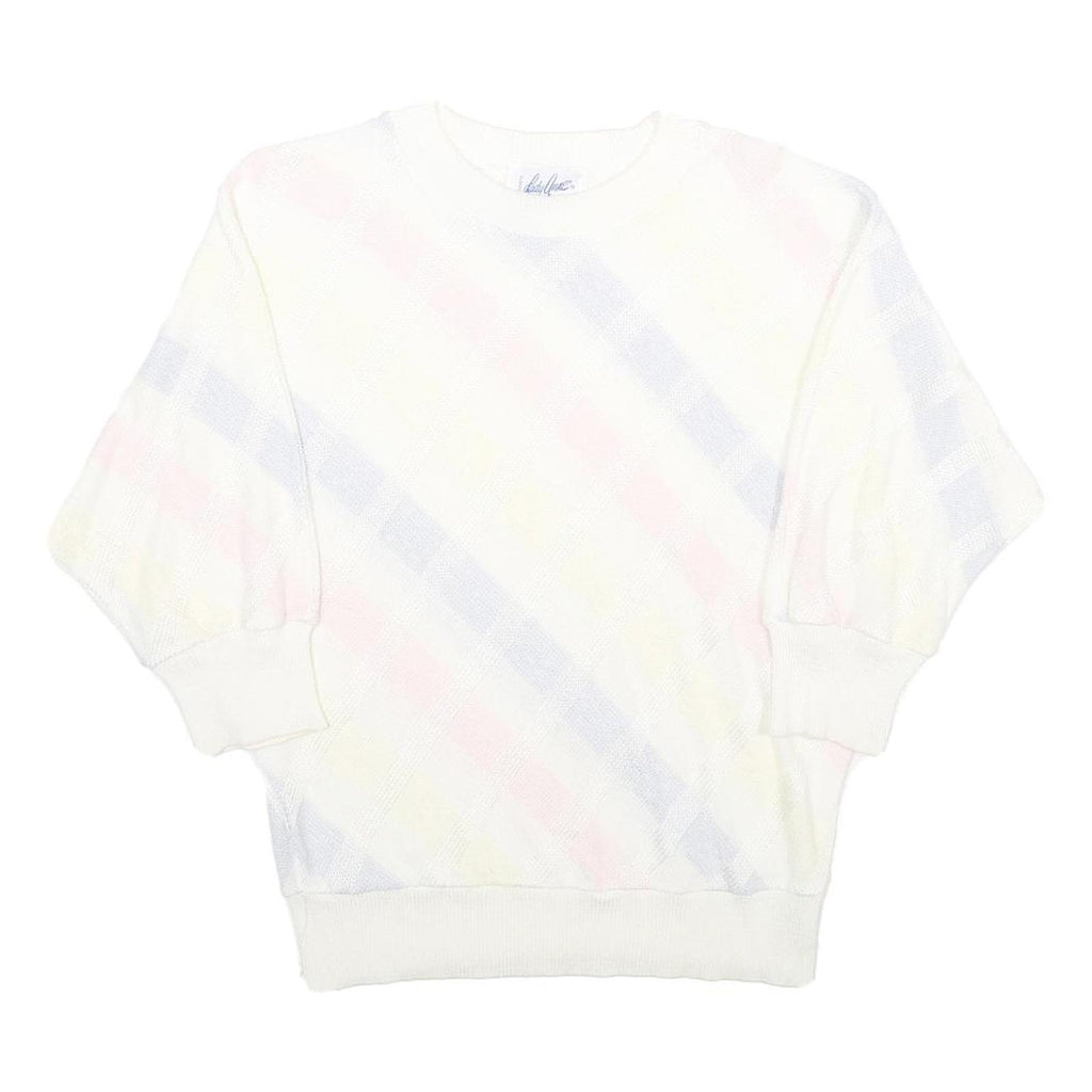 LADY ANNE Womens White Pastel Patterned Jumper Crew Neck Basic Knit L Casual