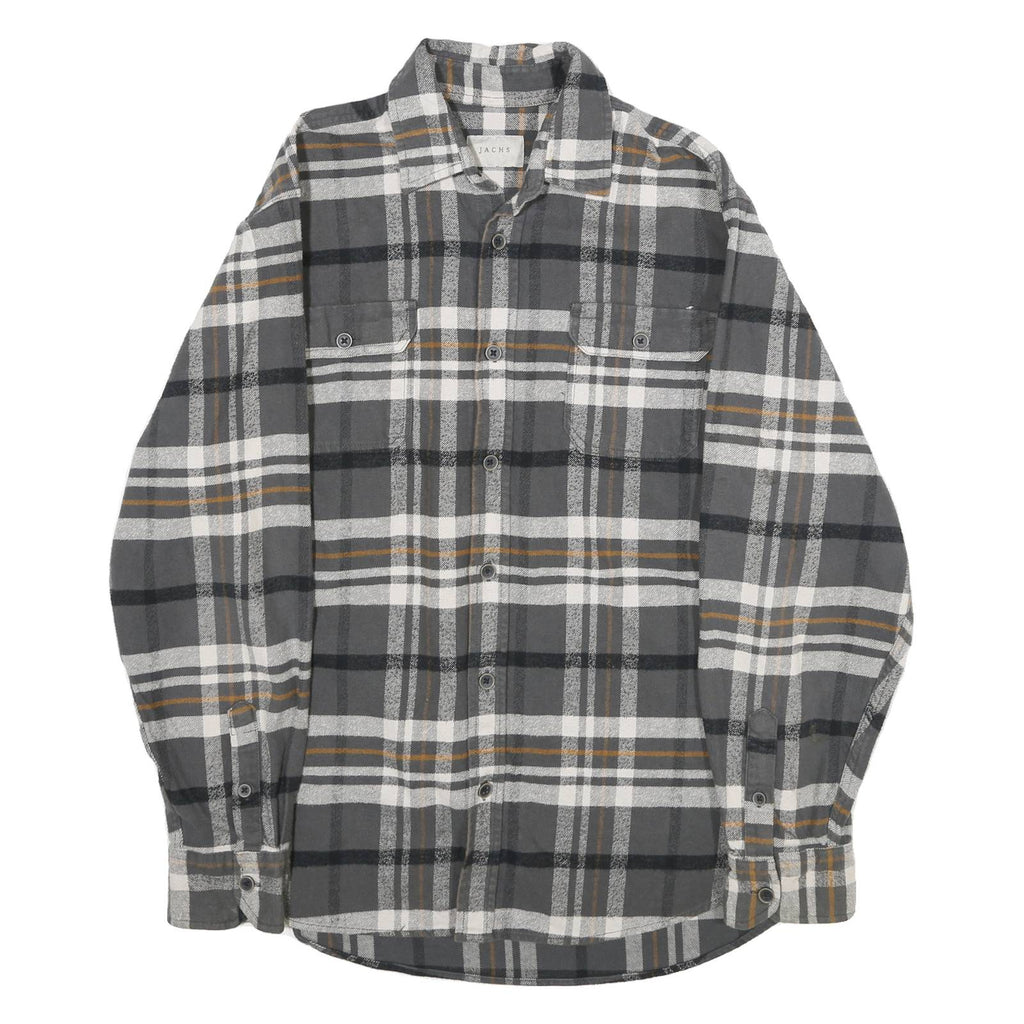 JACHS Mens Grey & Brown Check Flannel Shirt M Casual Button-Up Long Sleeve