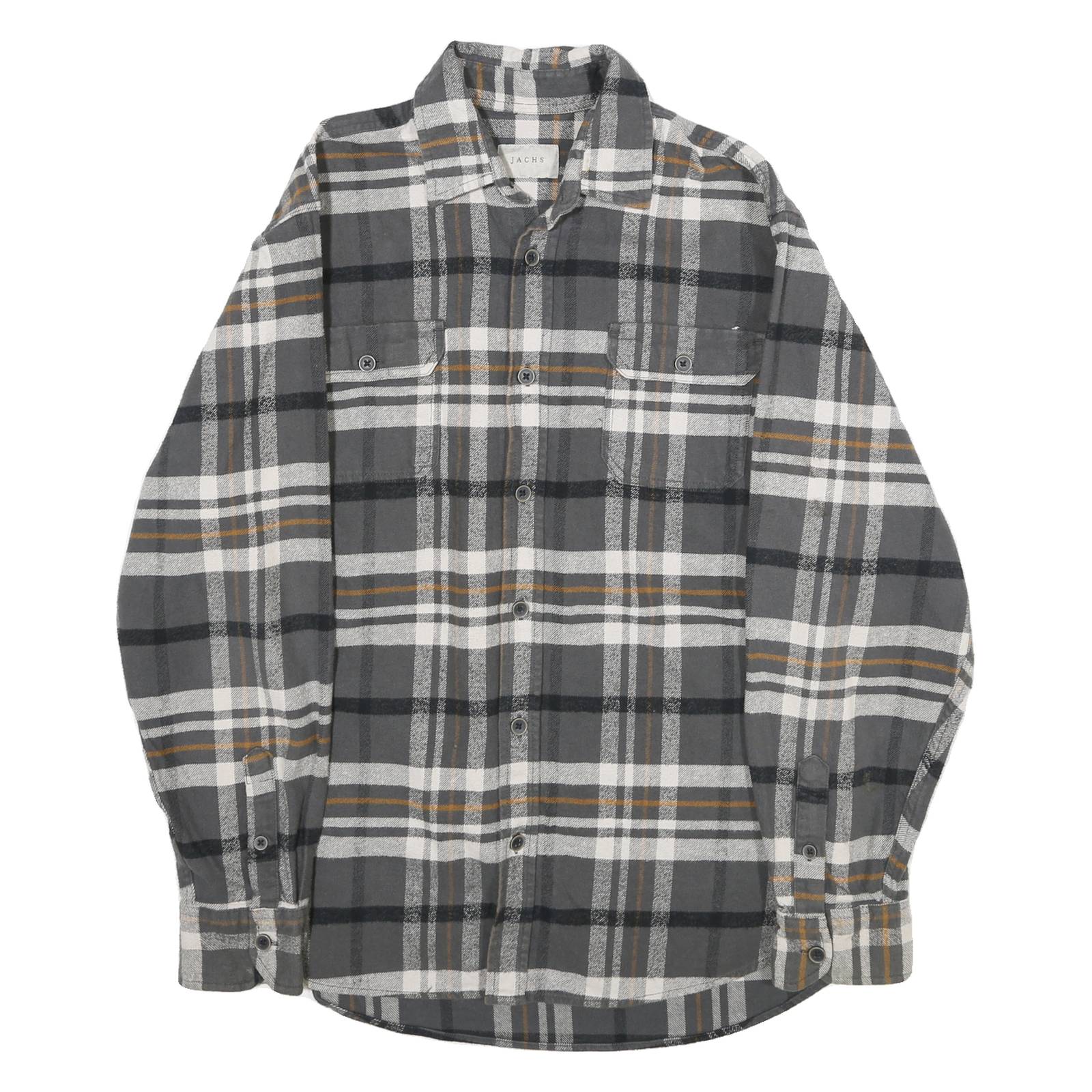 JACHS Mens Grey & Brown Check Flannel Shirt M Casual Button-Up Long Sleeve