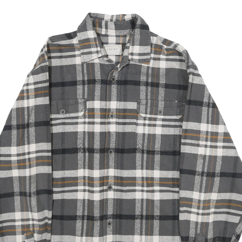 JACHS Mens Grey & Brown Check Flannel Shirt M Casual Button-Up Long Sleeve