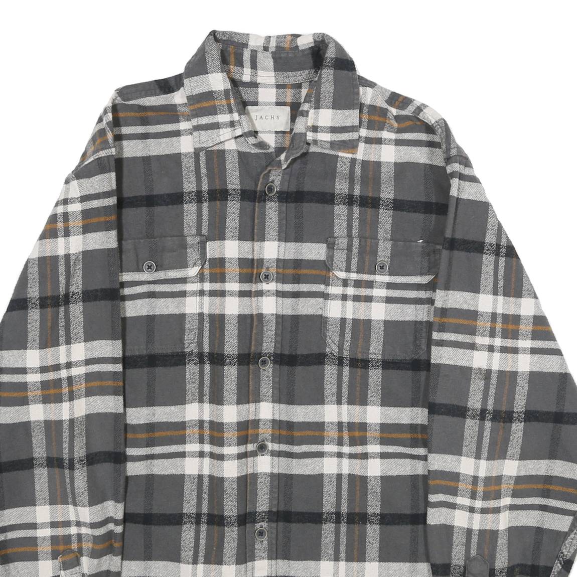 JACHS Mens Grey & Brown Check Flannel Shirt M Casual Button-Up Long Sleeve