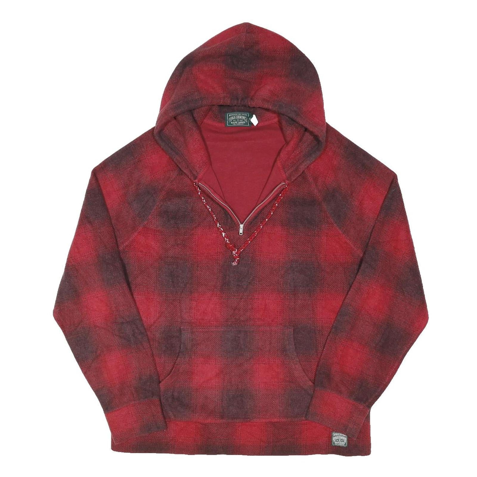 POLO RALPH LAUREN Mens Red & Black Checked Hoodie M Cotton Blend Pullover