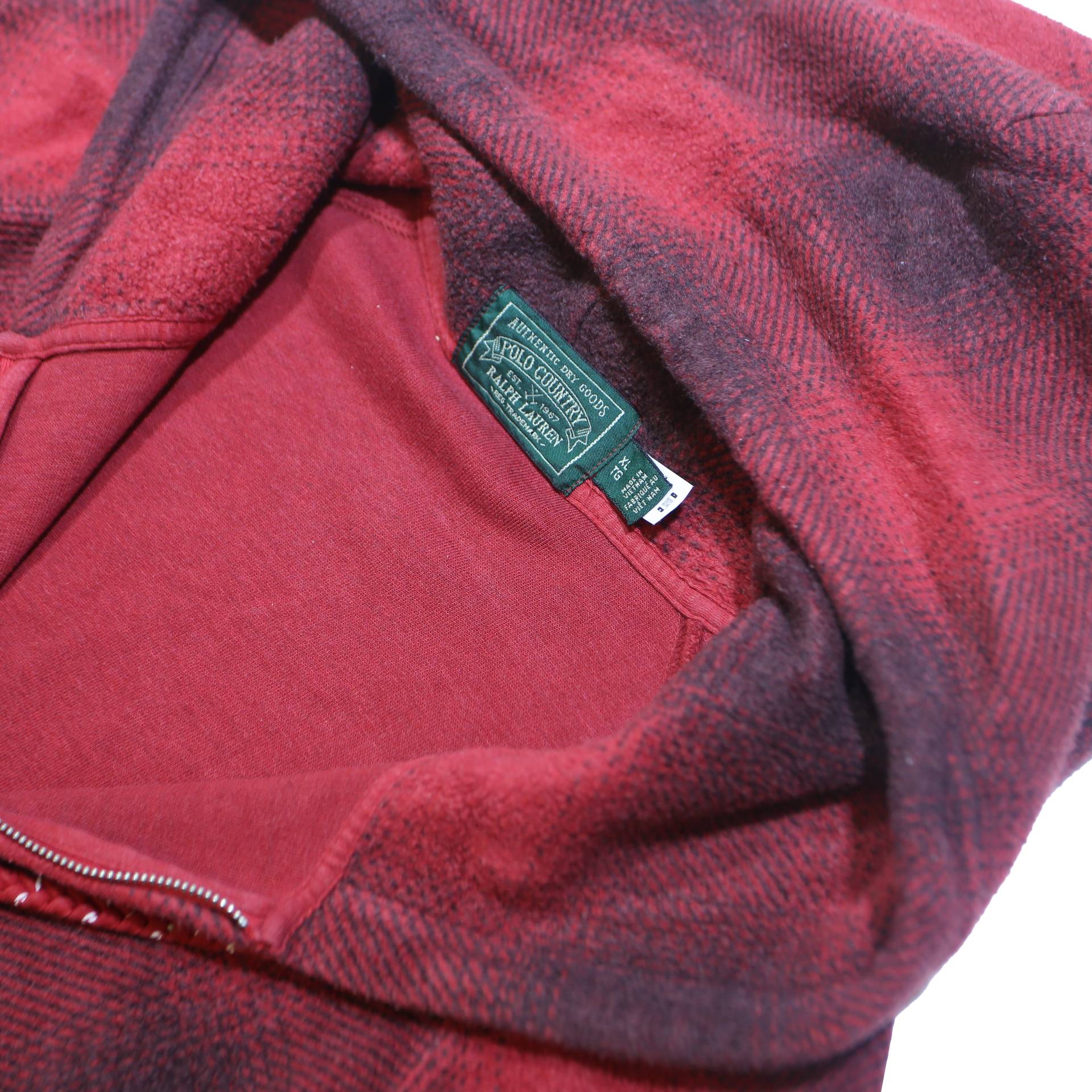 POLO RALPH LAUREN Mens Red & Black Checked Hoodie M Cotton Blend Pullover