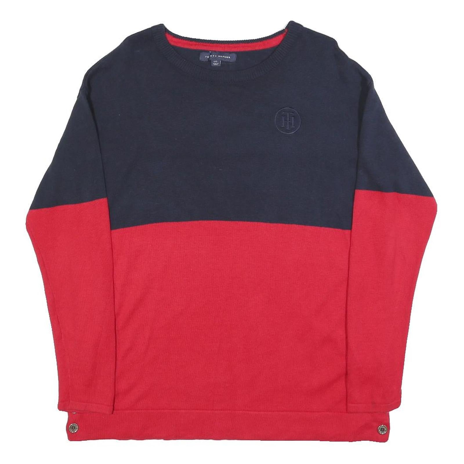 TOMMY HILFIGER Womens Navy & Red Plain Jumper Crew Neck Basic Knit L