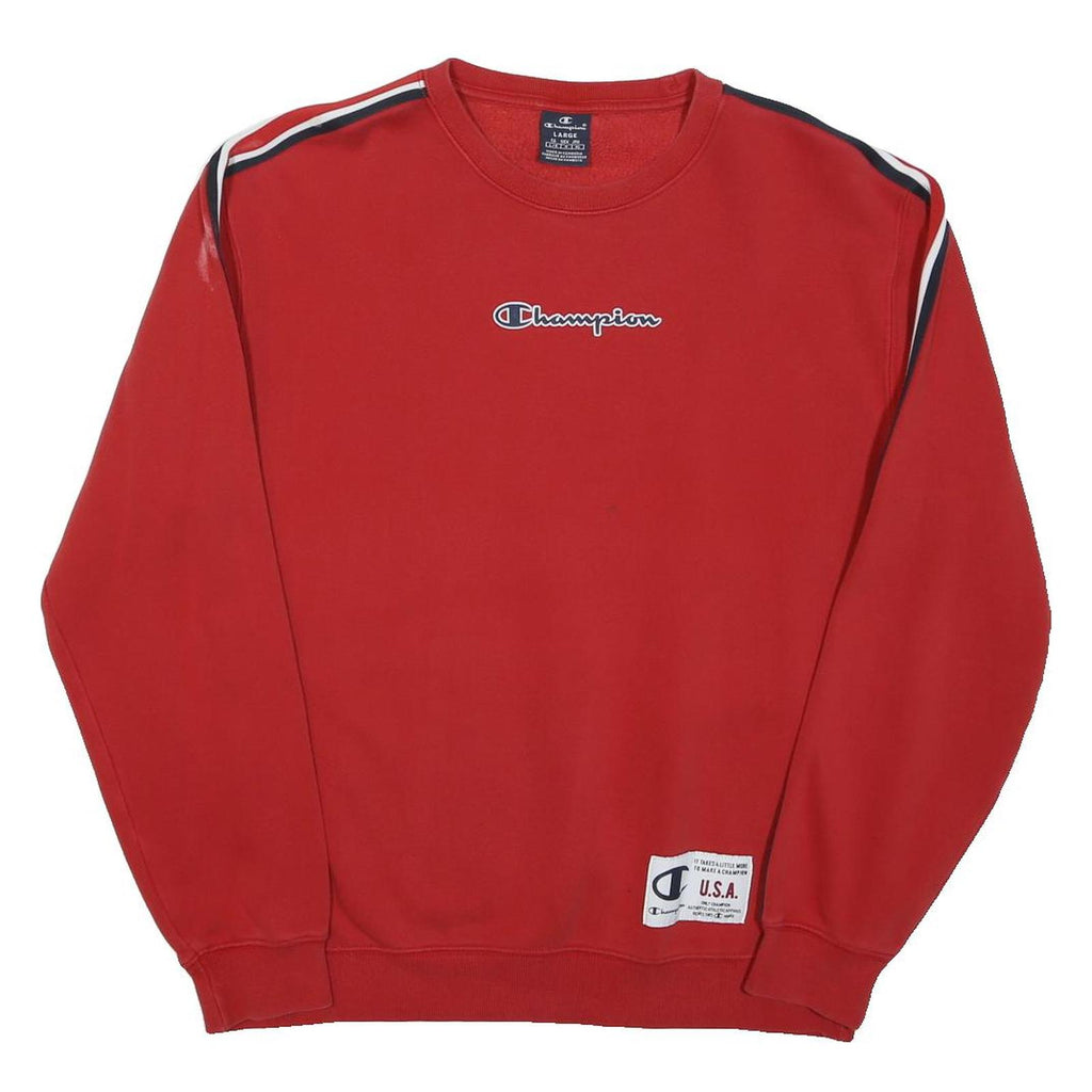 CHAMPION Mens Red Crew Neck L Sweatshirt Cotton Stripe Tape Logo