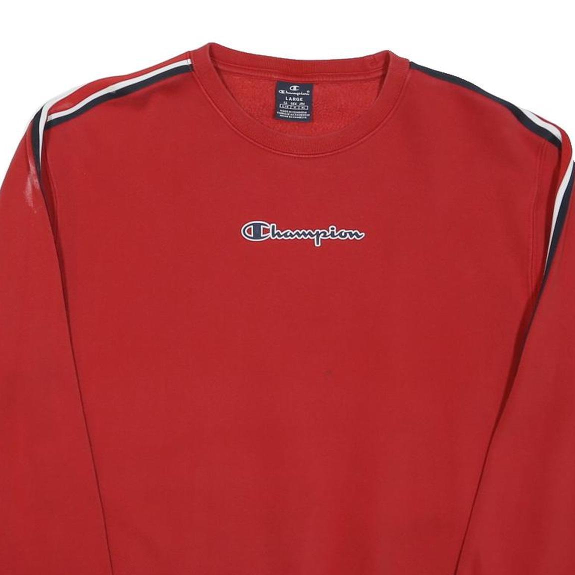 CHAMPION Mens Red Crew Neck L Sweatshirt Cotton Stripe Tape Logo
