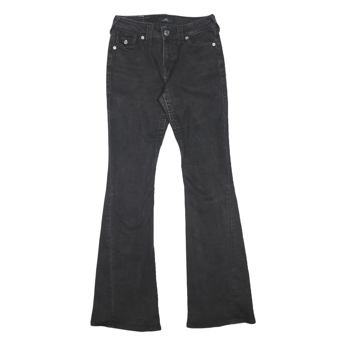 TRUE RELIGION Womens Black Regular Fit Flared Denim Jeans W26 L32 Stylish Zip