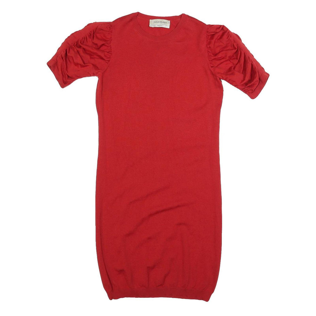 YVES SAINT LAURENT Womens Red Wool Day Dress Short Sleeve S Puff Shoulder
