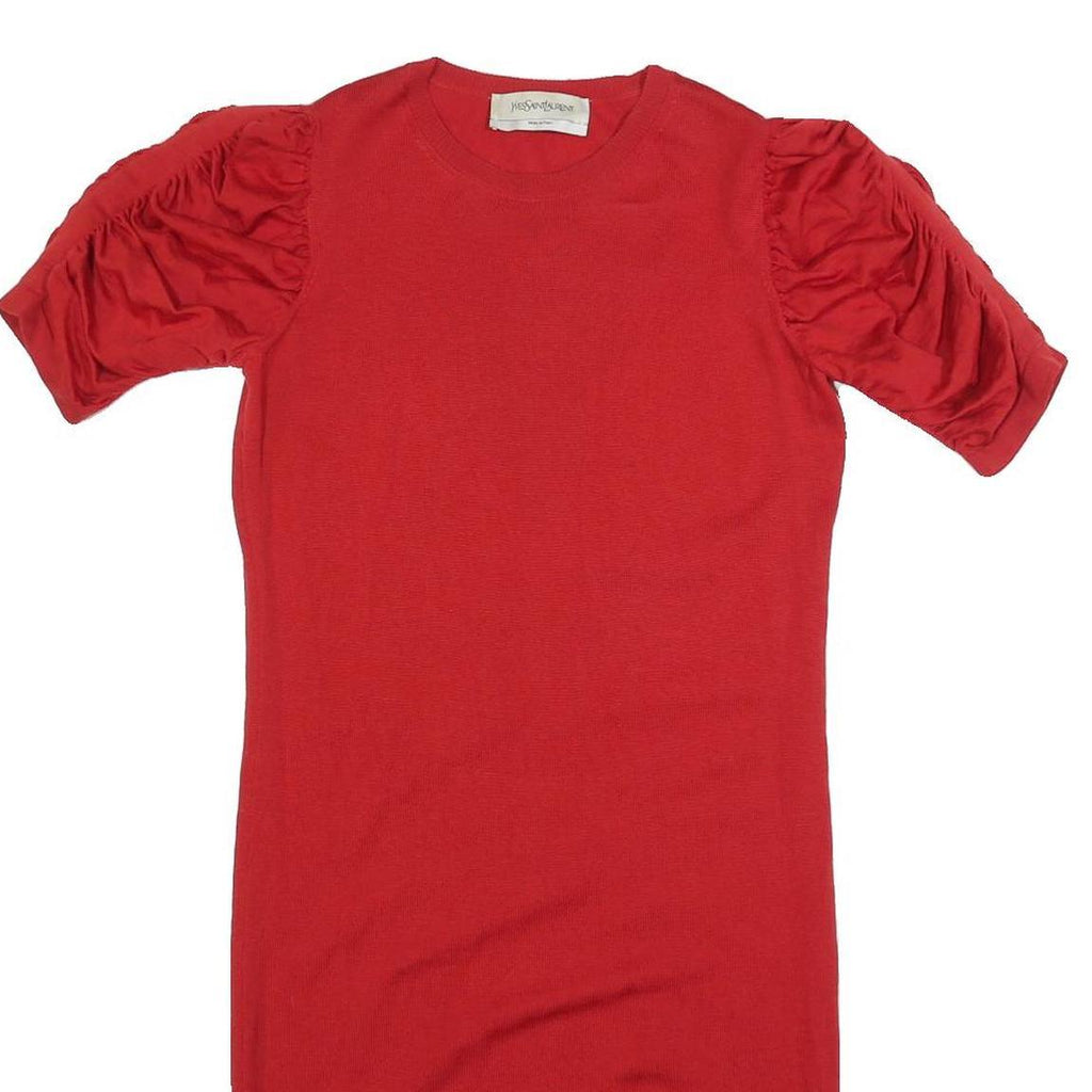 YVES SAINT LAURENT Womens Red Wool Day Dress Short Sleeve S Puff Shoulder