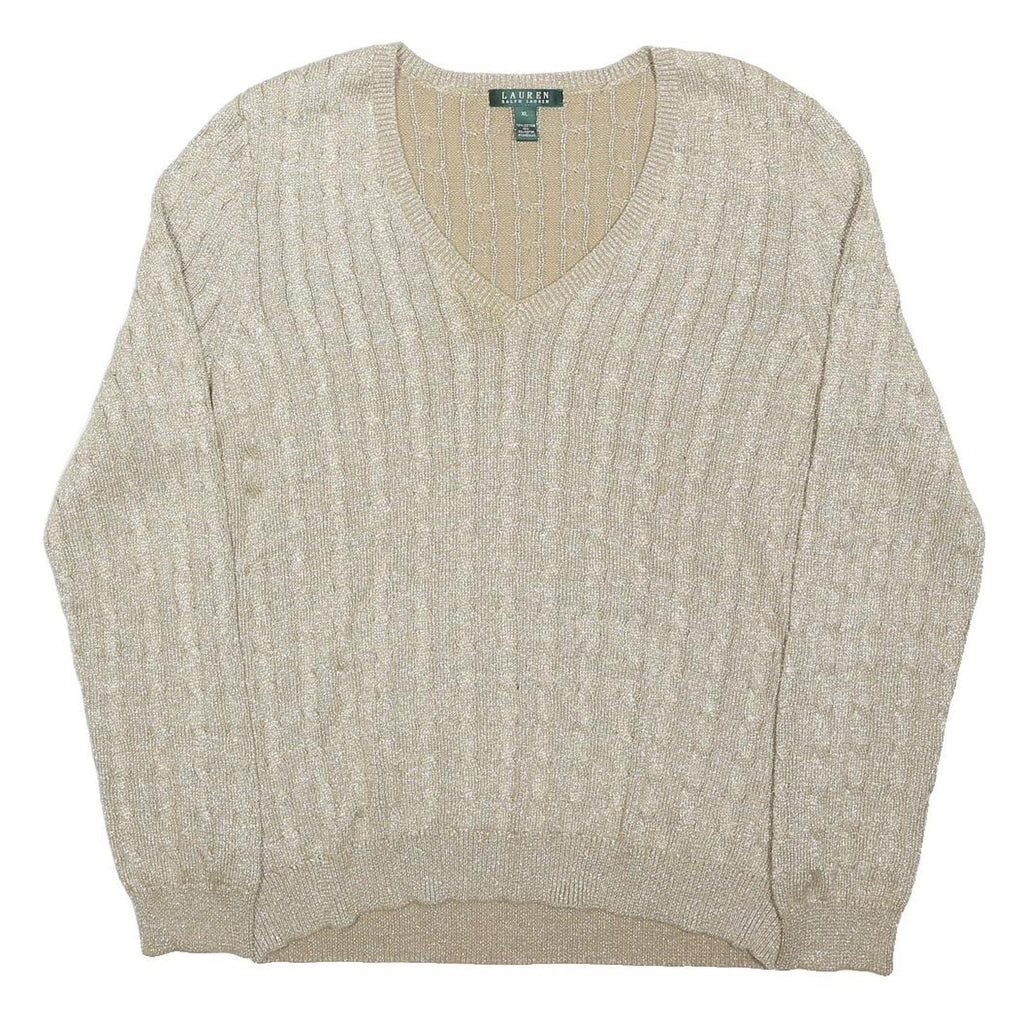 LAUREN RALPH LAUREN Womens Beige Plain V-Neck Cable Knit Jumper XL Cotton Blend