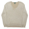 LAUREN RALPH LAUREN Womens Beige Plain V-Neck Cable Knit Jumper XL Cotton Blend