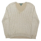 LAUREN RALPH LAUREN Womens Beige Plain V-Neck Cable Knit Jumper XL Cotton Blend