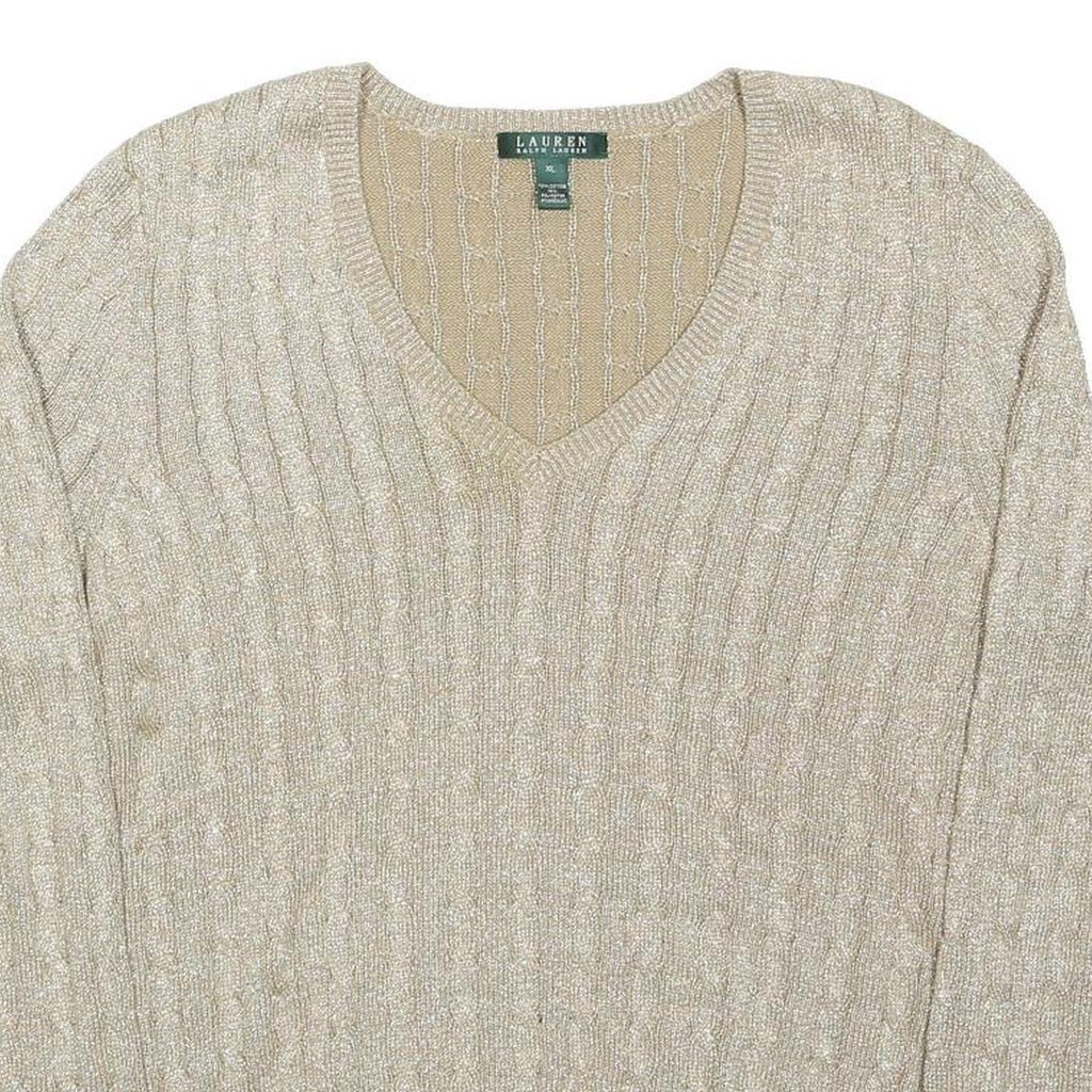LAUREN RALPH LAUREN Womens Beige Plain V-Neck Cable Knit Jumper XL Cotton Blend