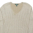LAUREN RALPH LAUREN Womens Beige Plain V-Neck Cable Knit Jumper XL Cotton Blend