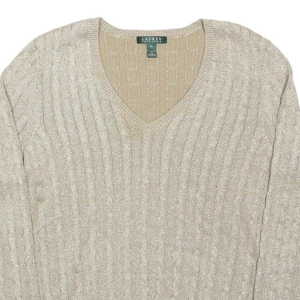 LAUREN RALPH LAUREN Womens Beige Plain V-Neck Cable Knit Jumper XL Cotton Blend