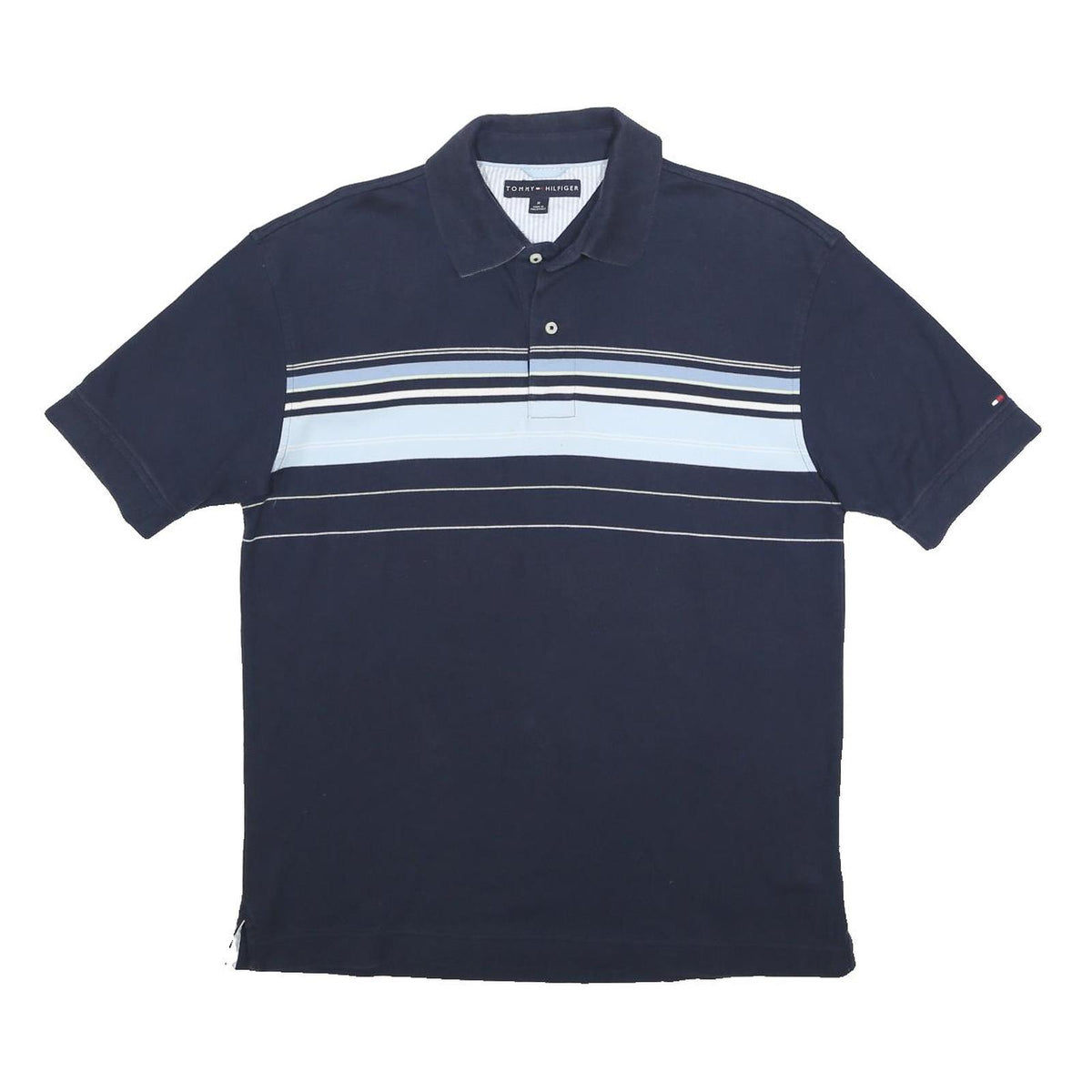 TOMMY HILFIGER Mens Navy Blue Striped Polo Shirt M Cotton Casual Classic